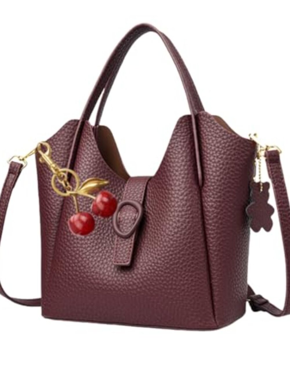 PU Leather Bucket Crossbody Bag with Cherry Charm Adjustable Strap Shoulder